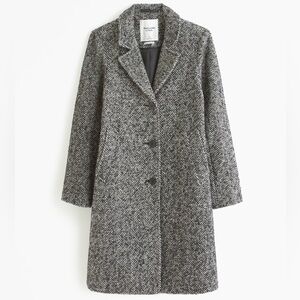 NEW ABERCROMBIE Wool-Blend Textured Dad Coat in Grey Herringbone, Size Small